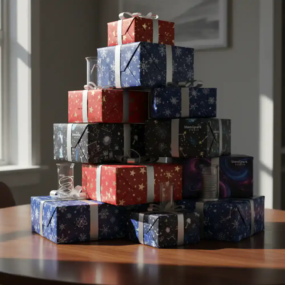A large stack of StemSpark Studio educational boxes wrapped in festive paper