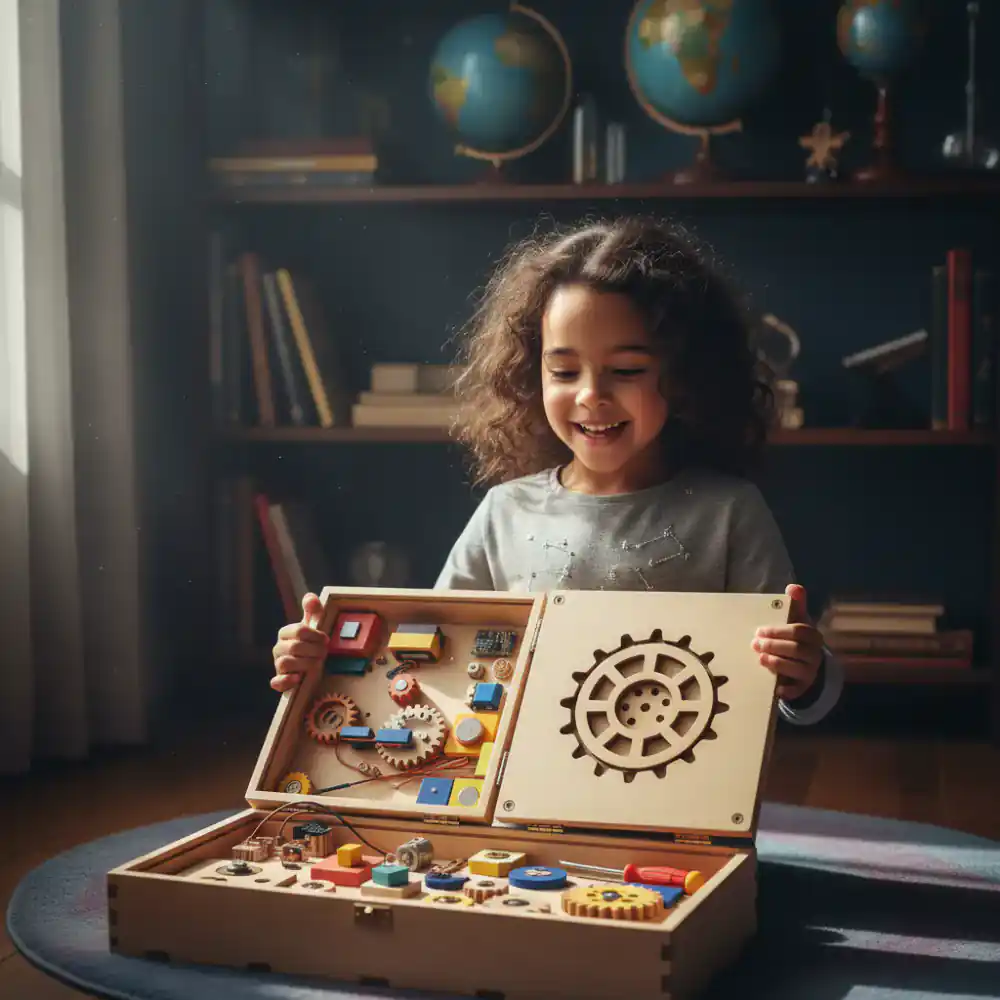 A young girl excitedly opening a wooden Montessori board and robotics kit