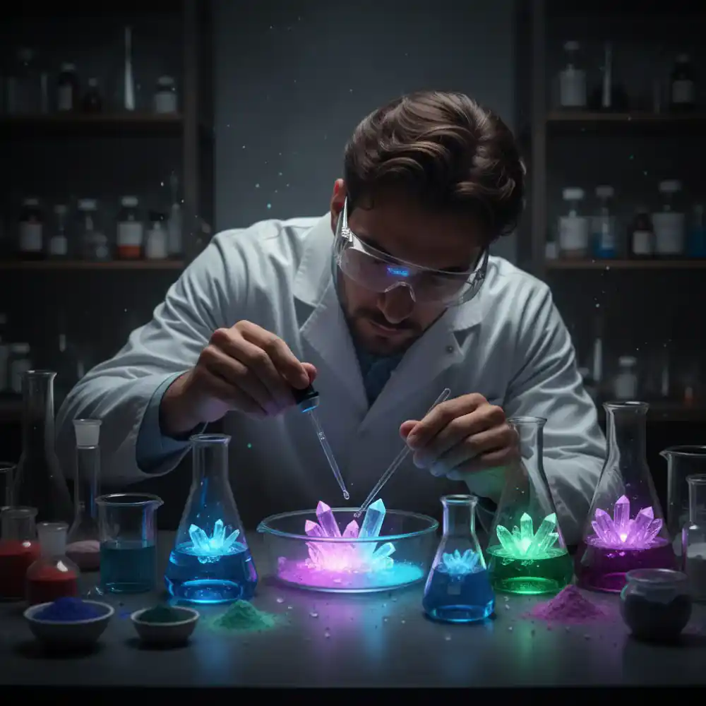 Chemist formulating crystal growing compounds