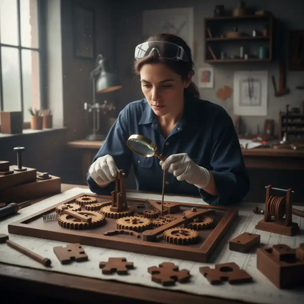 Mechanical Engineer analyzing a wooden Montessori board