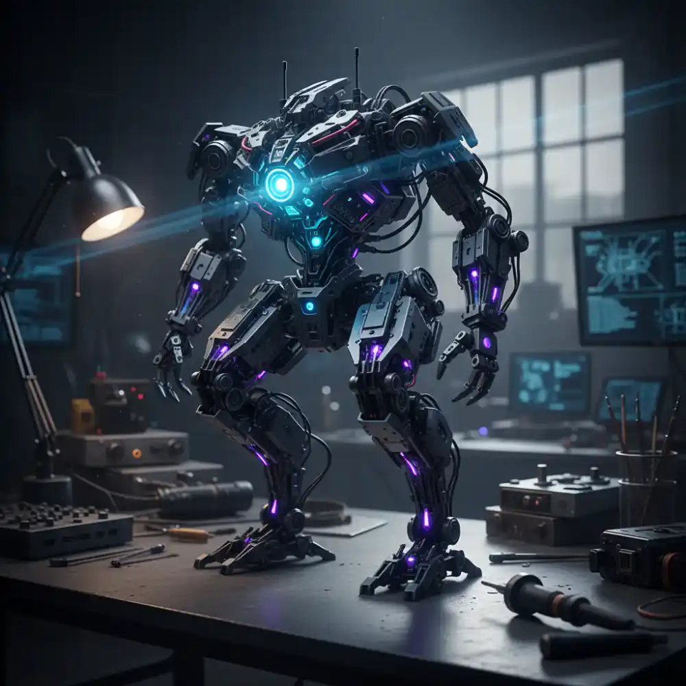 A highly detailed robotic building kit fully assembled and glowing in a dark lab setting