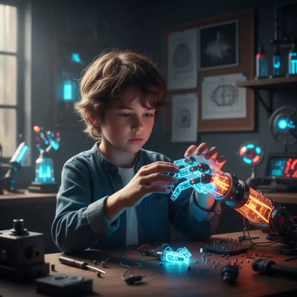 Child assembling a glowing robotic arm kit