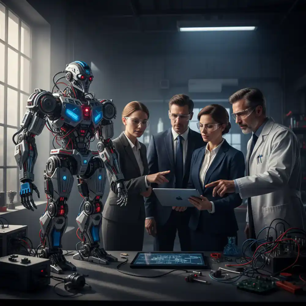 Engineers and educators reviewing a completed robot model