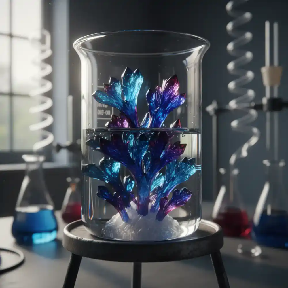 Vibrant blue and purple crystals growing in a glass laboratory beaker
