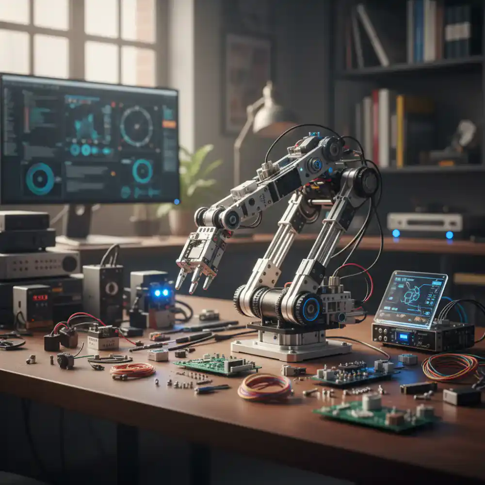 Advanced robotics builder set with a mechanical arm on a desk