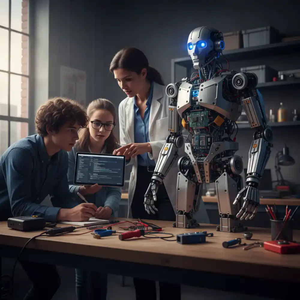 Teacher and students examining a completed robotics kit