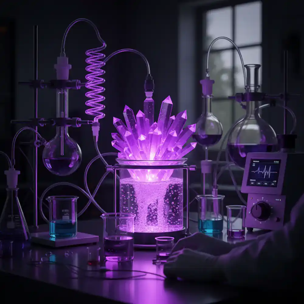 Glowing purple crystal growing lab set